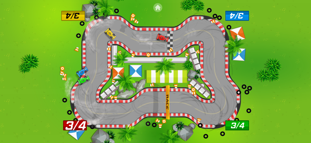 Party Friends Fun Mini Games - Visão de cima para baixo de um minijogo de corrida para quatro jogadores com carros coloridos e controles de canto