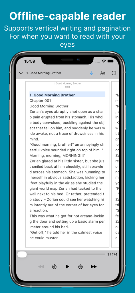 NovelVoice - Novels read aloud - Interface do app NovelVoice mostrando um leitor com capacidade offline para web novels