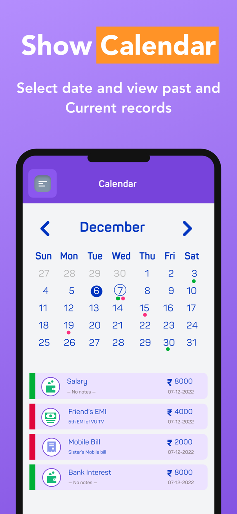 Expense Tracker:Budget Planner - Monthly calendar interface of the Expense Tracker app displaying income and expense transactions