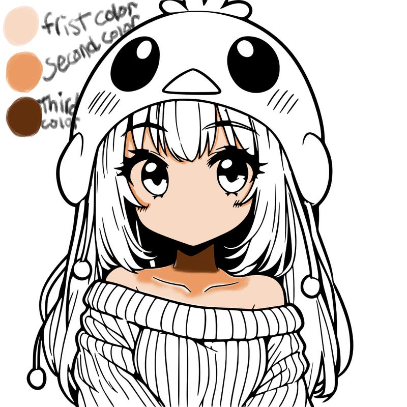 anime girl with chick shaped hat with sweater with bare shoulders with bangs covering them one eye with low tail