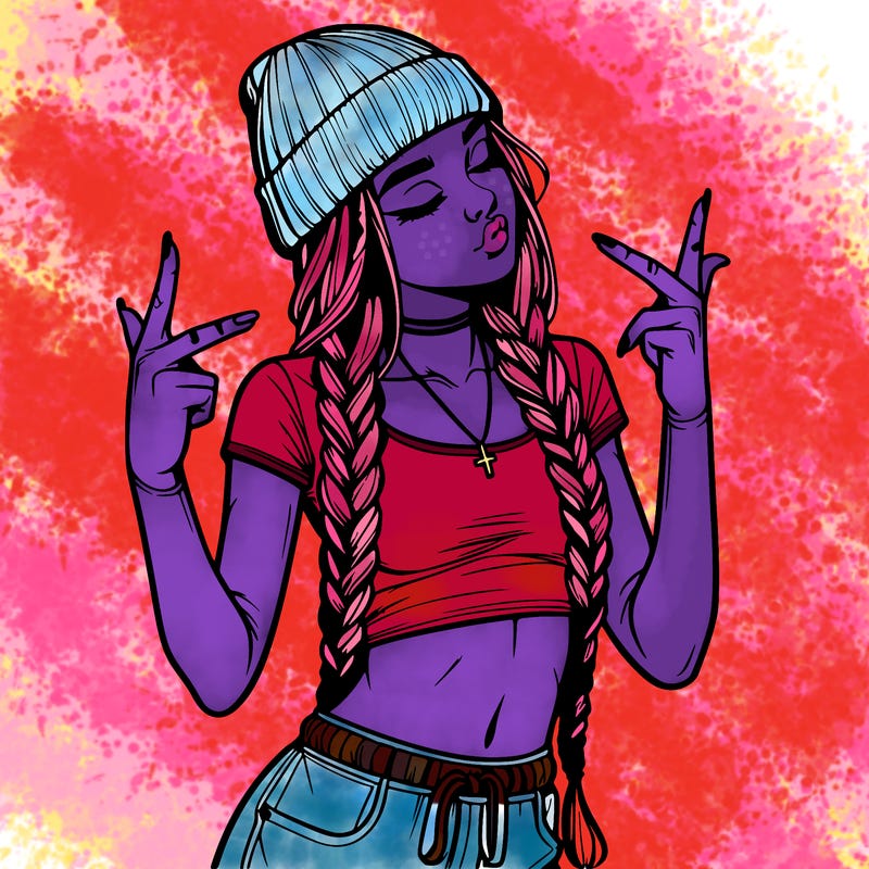 realistic teenage girl with braids and a beanie and crop top doing 🫶🏼