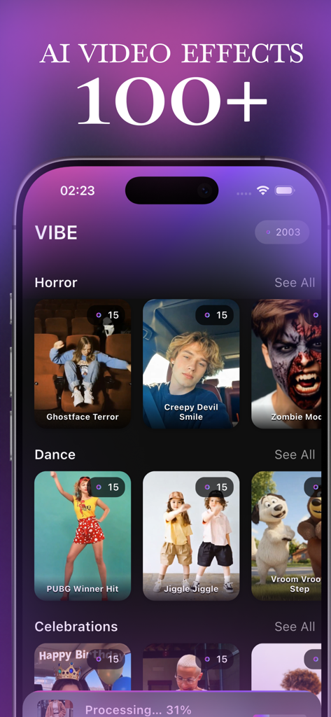 AI Video Generatorアプリのインターフェースに、さまざまなビデオエフェクトカテゴリとサムネイルが表示されています