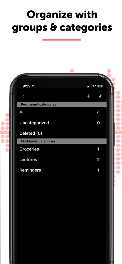 Oberfläche der ALON Diktiergerät App, die organisierte Sprachkategorien wie Vorträge und Erinnerungen zeigt