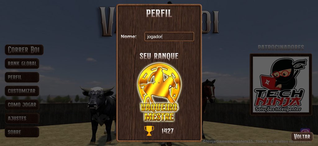 Valeu Boi: O Jogo da Vaquejada - Player profile screen in Valeu Boi game displaying Master Cowboy rank and trophy count