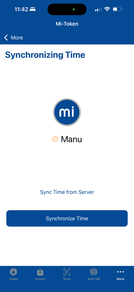 Mi-Token Authenticator screen for synchronizing time
