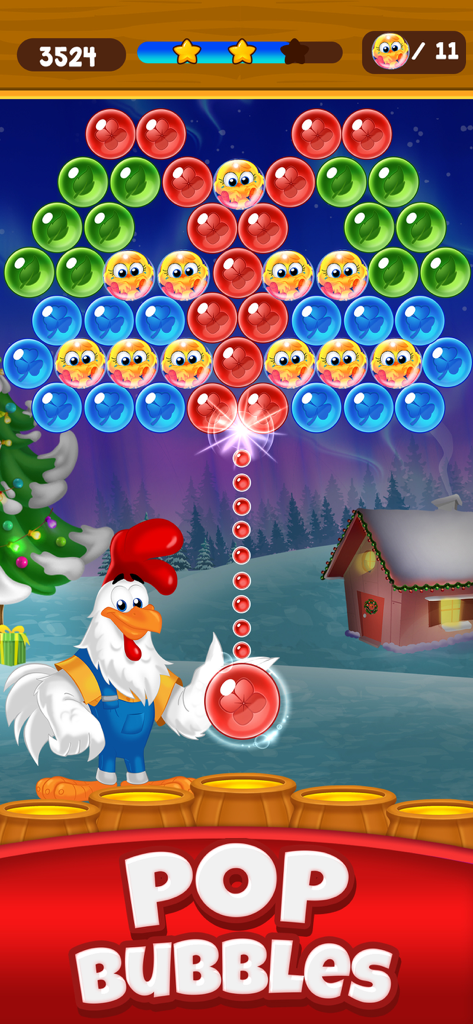 Farm Bubbles Bubble Shooter - A rooster character in overalls aiming a red bubble at a cluster of colorful bubbles and trapped chicks in a snowy winter farm setting.