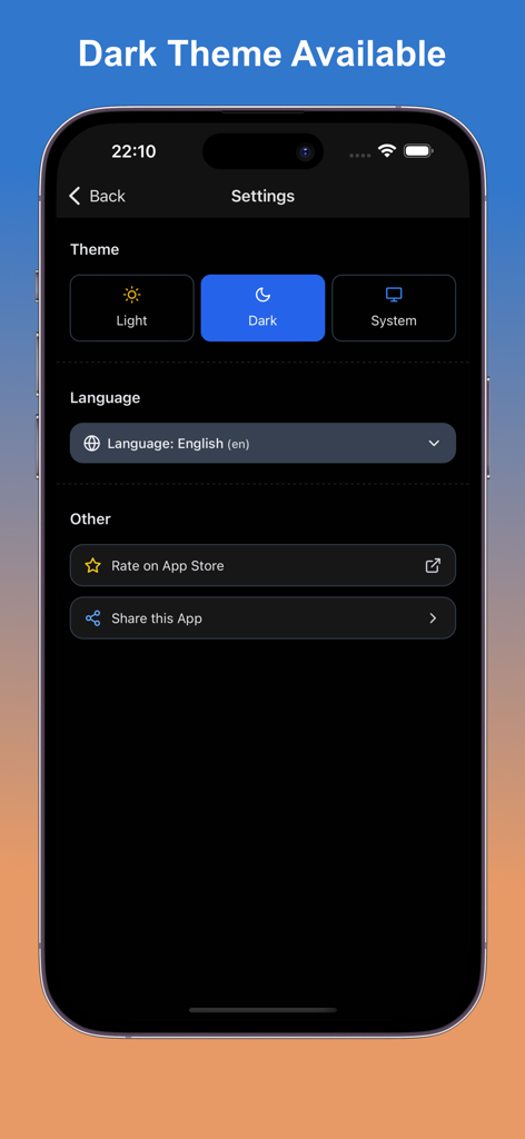 Pantalla de configuración de la aplicación AI Age Detector que muestra la interfaz del tema oscuro y la selección de idioma.