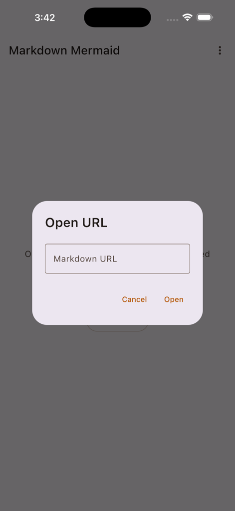 A modal window in the Markdown Mermaid app with a text field for entering a Markdown URL and an open button