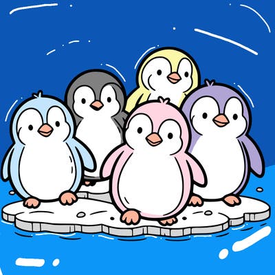 line art of a group of friendly penguins waddling on the snowy ice. (rounded shapes, short legs)