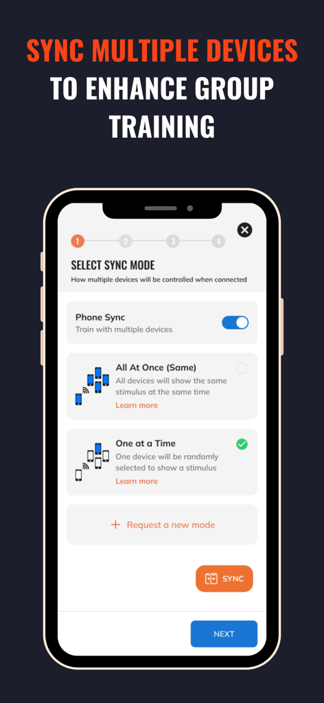 SwitchedOn app interface showing multiple device sync options for group reaction training.