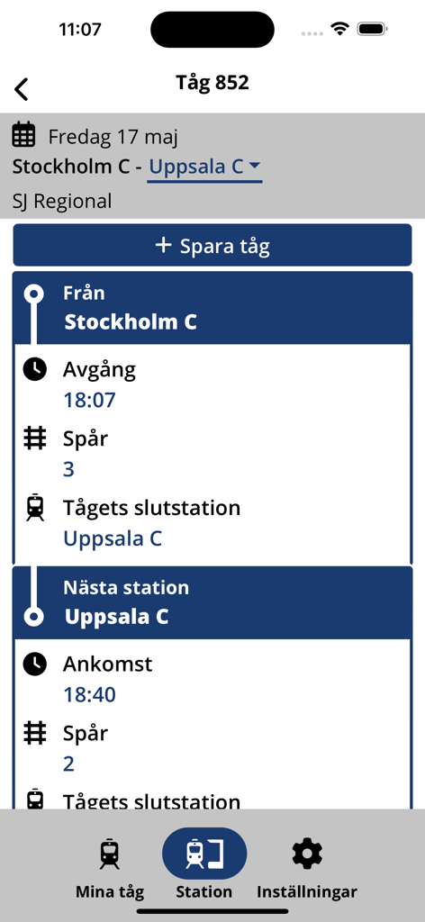 Mina Tåg - Train schedule details in the Mina Tag app showing departure and arrival information for a journey between Stockholm and Uppsala