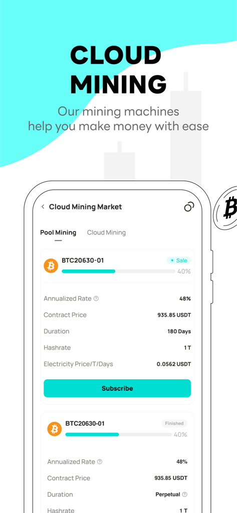 DigiFinex - crypto exchange - DigiFinex 모바일 앱 화면은 비트코인 ​​채굴 계약과 연간 수익률이 있는 클라우드 채굴 시장을 보여줍니다.