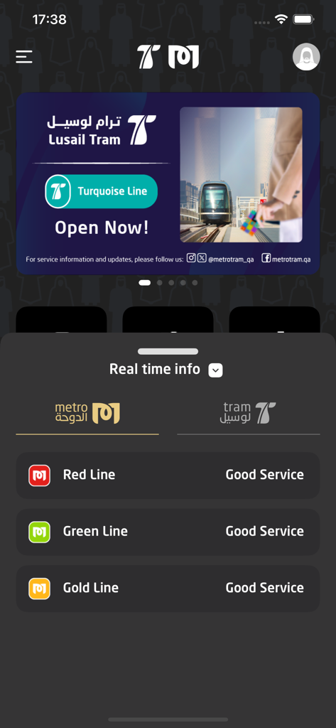 Qatar Rail - Interface of the Qatar Rail app showing real time service status for Red Green and Gold metro lines