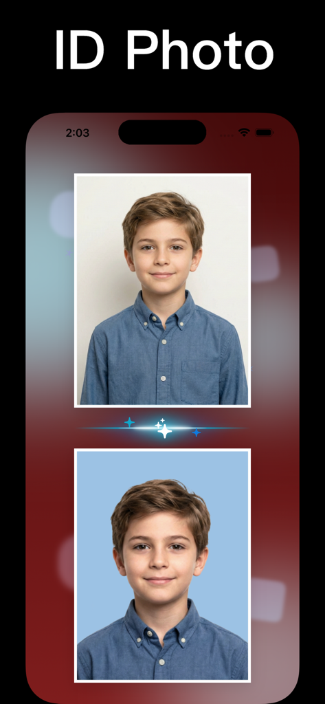 Passport Photo · ID Photo App - 어린이 초상화의 배경 제거 및 색상 변경을 보여주는 신분증 사진 앱