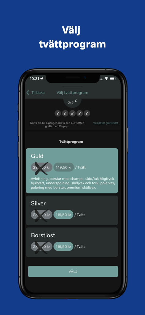 Mobile screen showing different car wash programs and tiers in the Tvätta Biltvätt app