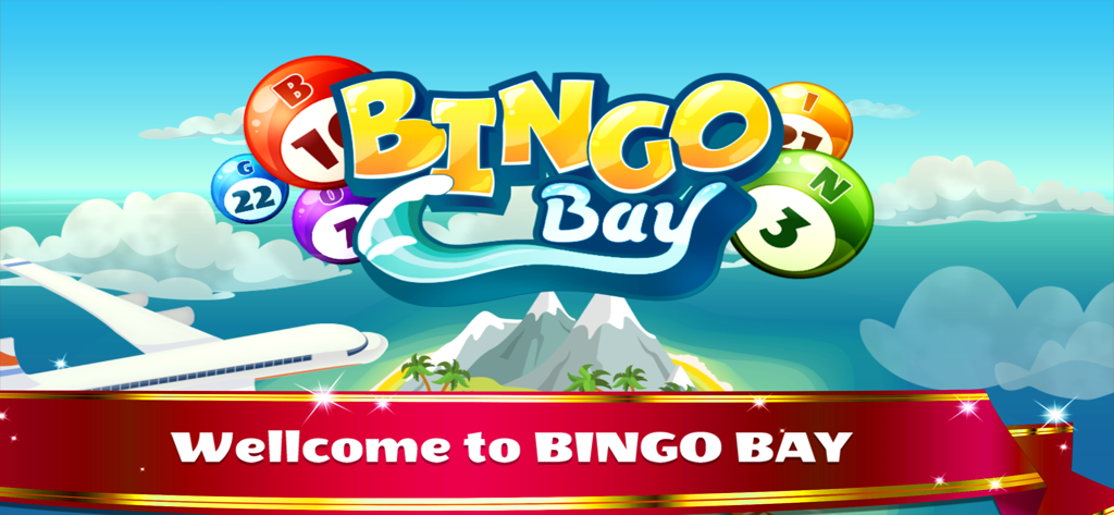 Bingo Bay - Play Bingo Games - Pantalla de título del juego Bingo Bay con bolas de bingo coloridas y un fondo de isla tropical