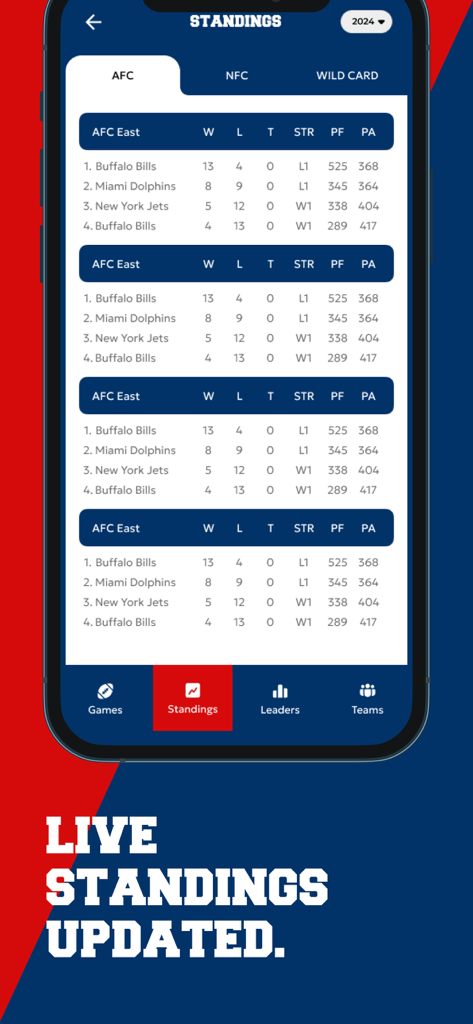 Streameast - Live sports, IPTV - Mobile app interface showing updated AFC East football standings for the Buffalo Bills and Miami Dolphins.