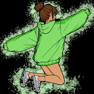 realistic girl jumping with a bun and oversized sweatshirt