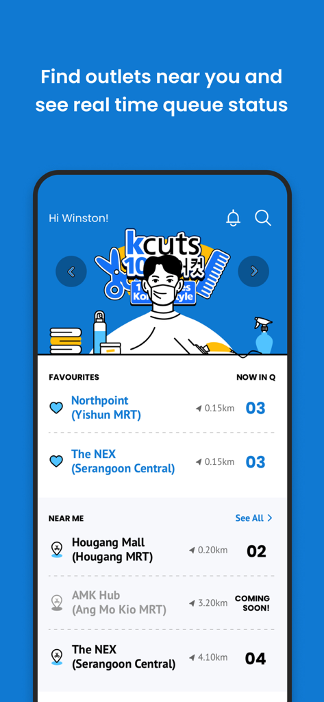 kcuts Go - A screenshot of the kcuts Go app interface showing nearby haircut outlets with distances and real-time queue status.