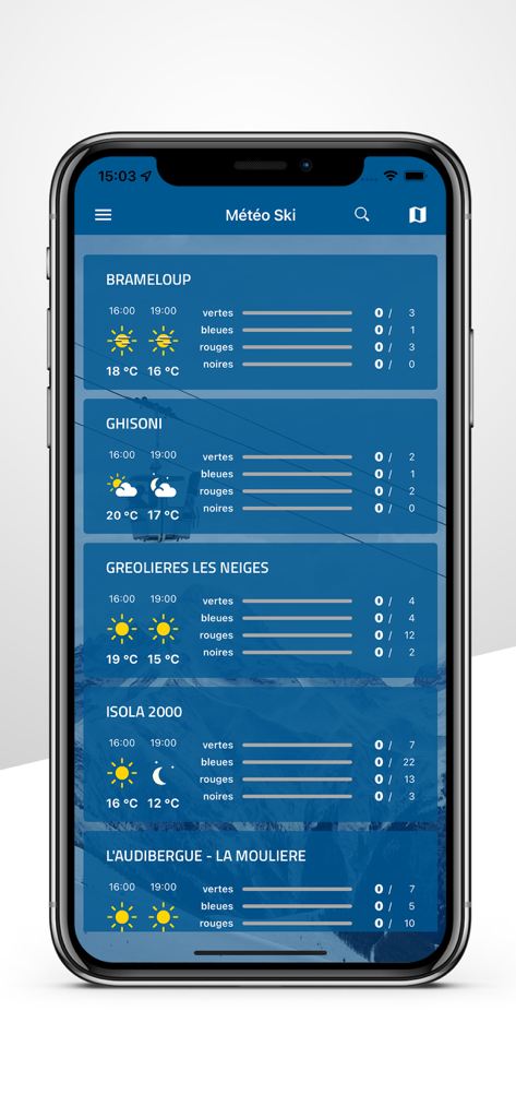Météo-France Ski et Neige - Meteo-France Ski app interface showing weather forecasts and open slope status for various French ski resorts