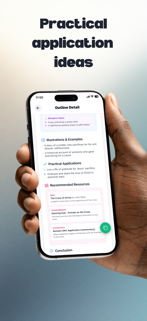 Sermon Assist - Una pantalla de teléfono inteligente que muestra detalles del esquema del sermón, incluidas aplicaciones prácticas y recursos recomendados dentro de la aplicación Sermon Assist