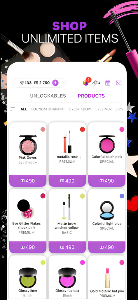 Makeup Creator: Makeup Games - The Makeup Creator shop menu showcasing various eyeshadow and blush products for digital makeup artists.