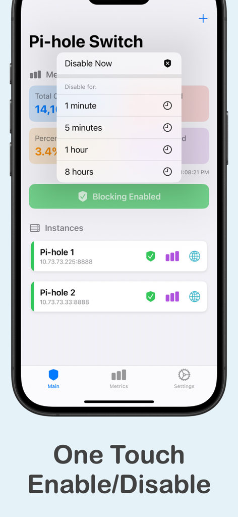 Pi-hole Switch Pro - iPhone screen displaying Pi-hole Switch Pro app with a popup menu to disable ad blocking for set time durations and a list of active network instances.