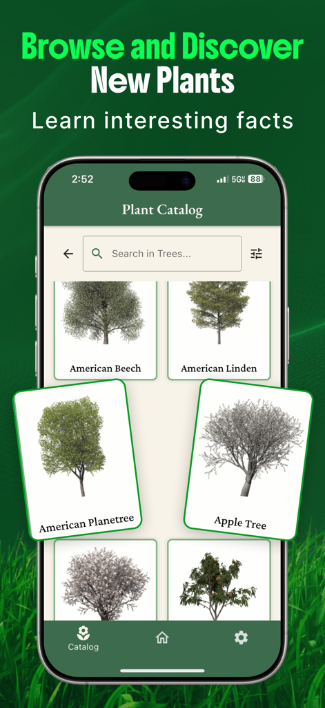 Bildschirm mit Pflanzenkatalog in der Landschaftsgestaltungs-App „KI-Garten“, der verschiedene Baumarten für die Gartenplanung zeigt