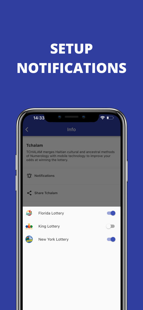 Tchalam - Tchalam app notification setup screen for Florida and New York lottery results