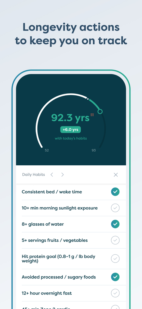 Death Clock app interface showing a daily health habits checklist and a projected life expectancy gauge of 92.3 years