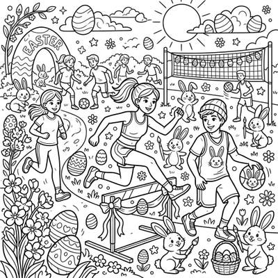 Get ready for an energetic Easter celebration with this exciting coloring page depicting kids enjoying various sports activities. Discover a delightful blend of athletic fun and festive spring cheer, complete with bunnies, eggs, and blooming flowers.