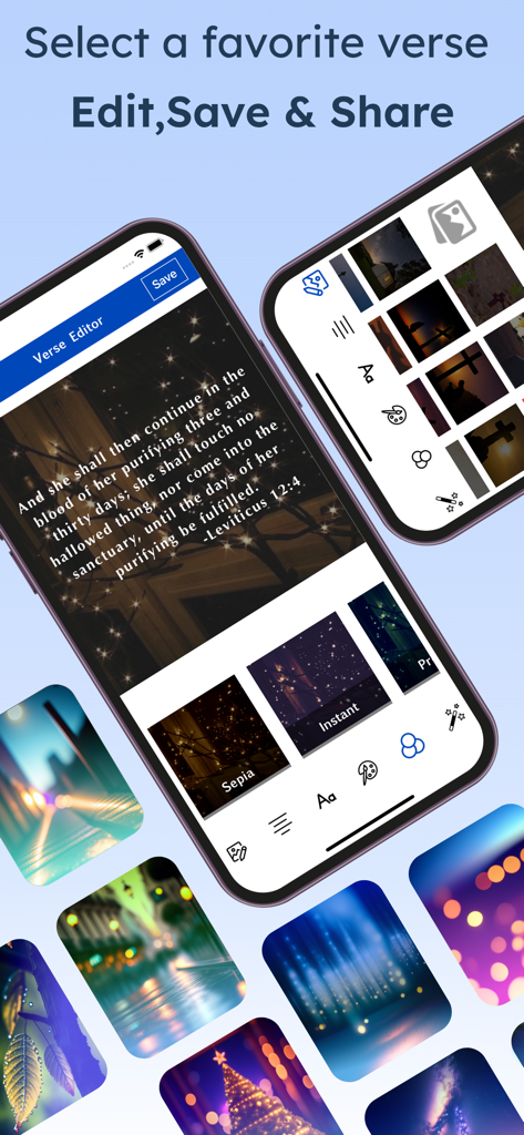 Bible Reading Zone -All In One - Interfaz de un editor de versículos de una aplicación de la Biblia para crear y compartir citas de las escrituras personalizadas con imágenes de fondo.