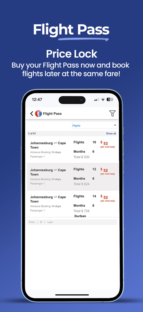 Schermata dell'app Optiontown che mostra le opzioni di Flight Pass per bloccare prezzi fissi dei voli