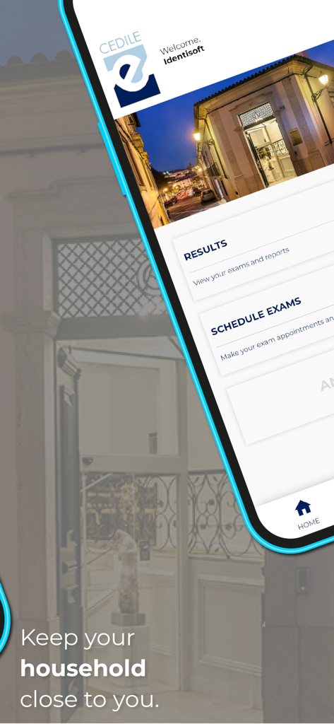 Écran de smartphone affichant l'application médicale CEDILE avec des fonctionnalités de gestion de la santé familiale et de planification des examens.