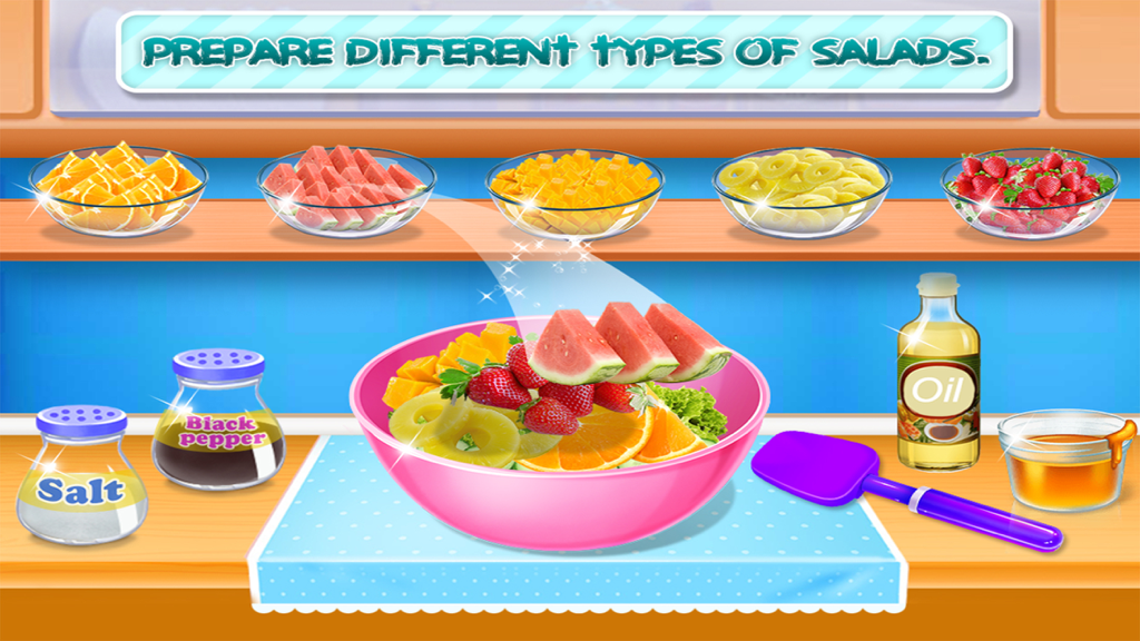 Fruit & Vegetable Salad Maker - A colorful digital kitchen interface showing fruit ingredients like watermelon and strawberries being added to a pink salad bowl