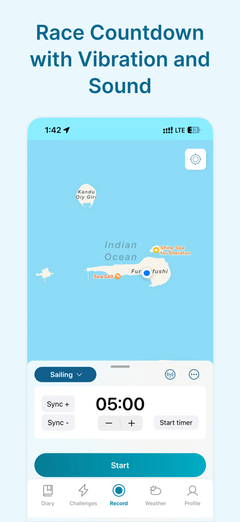 Waterspeed app interface showing a five minute race countdown timer and a nautical map for sailing tracking