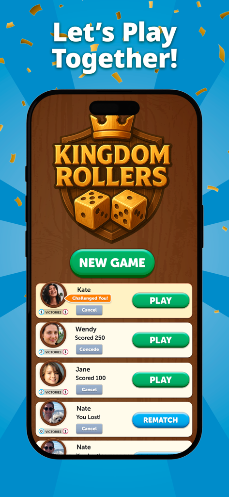 Dice Rollers game screen showing a list of friends and opponents to challenge in social head-to-head matches.
