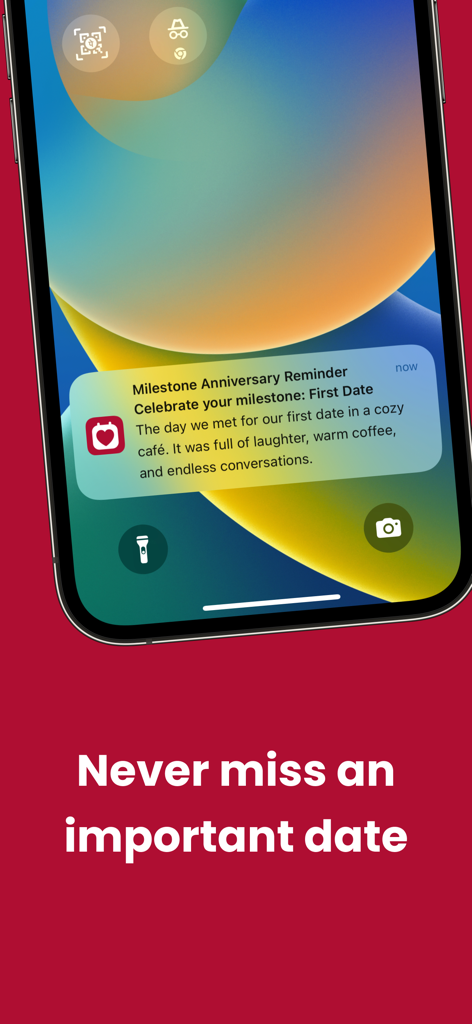 How Long Have We Been Together - An iPhone lock screen showing a milestone anniversary reminder notification for a first date anniversary from the relationship counter app.
