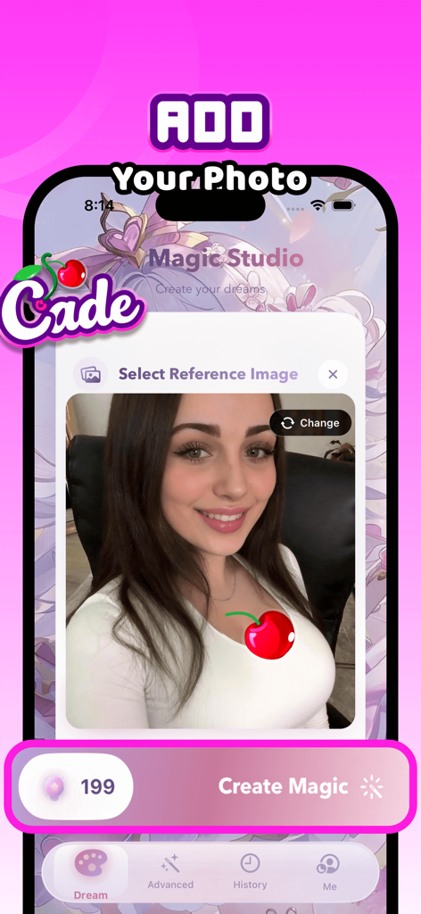 Pantalla de la aplicación Cade Art Vibe mostrando la interfaz del Magic Studio donde un usuario selecciona una foto de referencia para crear arte de IA