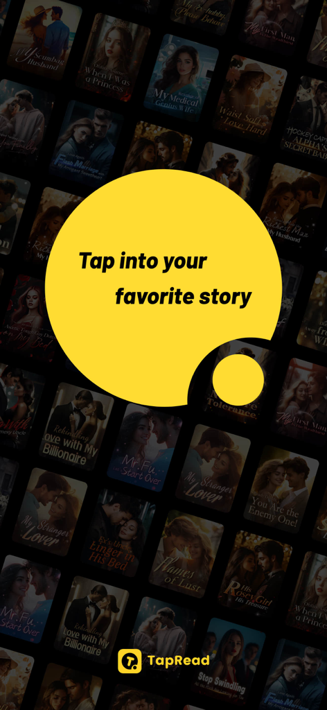 TapRead app splash screen showing a grid of romance and fantasy book covers with the text Tap into your favorite story