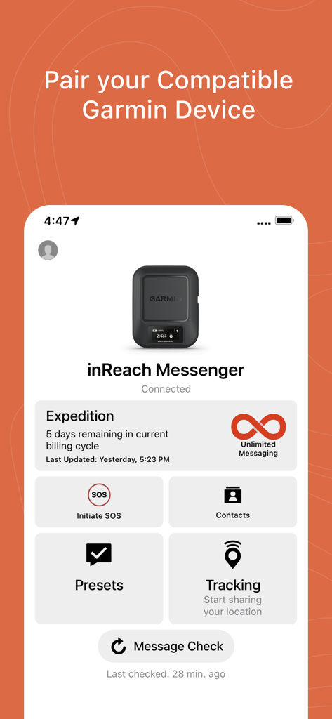 Dashboard dell'app Garmin Messenger che mostra un dispositivo inReach connesso con opzioni SOS e di tracciamento