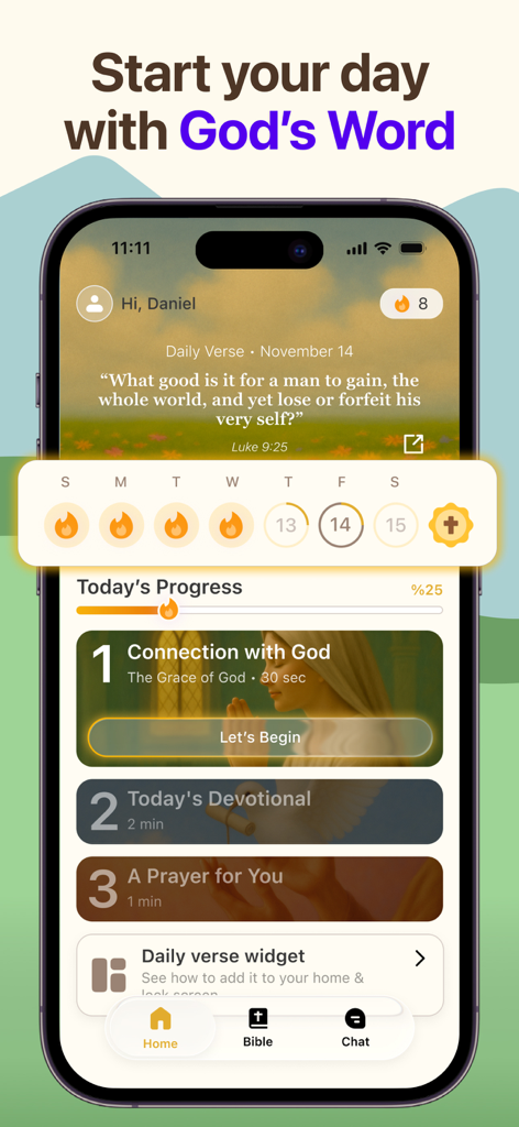 Biblical: Bible Chat & Widget - The home screen of Biblical app displaying a daily verse and progress tracker for spiritual growth