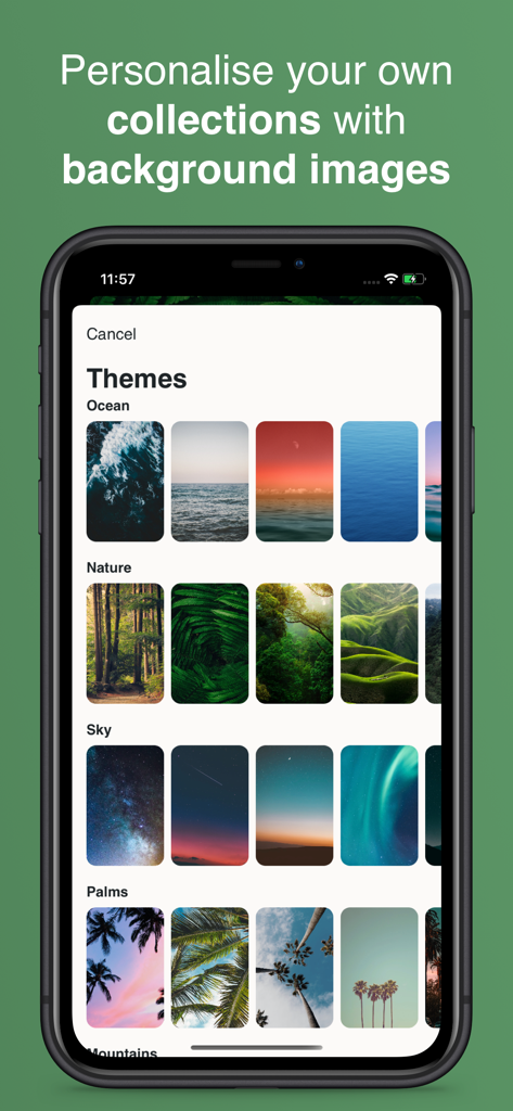 MindGarden: Daily Affirmations - Pantalla de la aplicación MindGarden mostrando varios temas de fondo para afirmaciones personalizadas