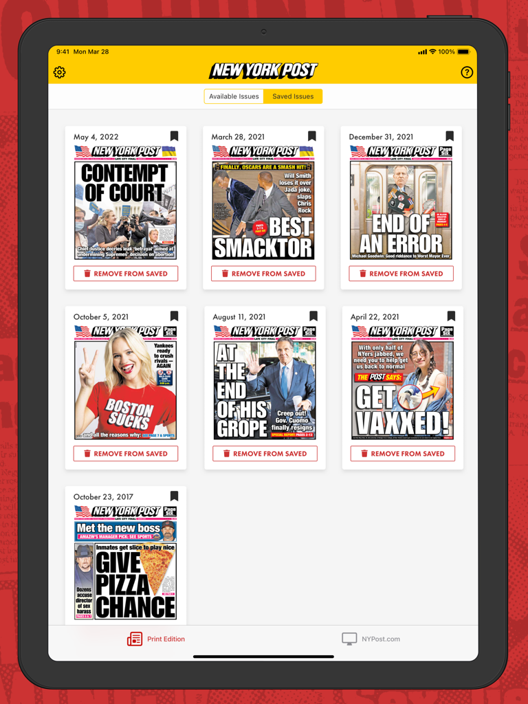 New York Post for iPad - La pantalla de 'Números Guardados' de la aplicación New York Post para iPad que muestra una biblioteca de portadas de periódicos digitales.