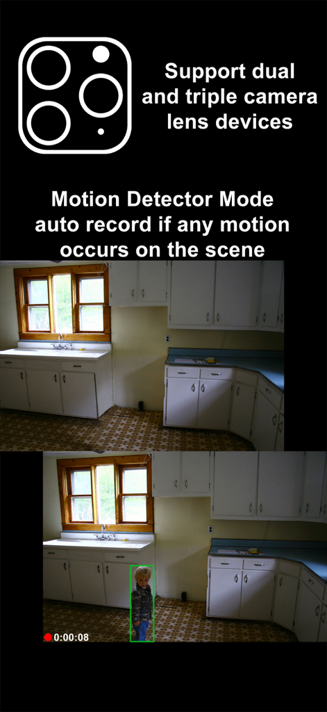 SP Camera - Captura de pantalla de la aplicación SP Camera que demuestra el modo detector de movimiento con grabación automática y soporte para triple lente.