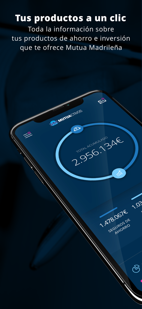 Mutuactivos - Panel de la aplicación móvil Mutuactivos que muestra la cartera de inversiones y el saldo total.