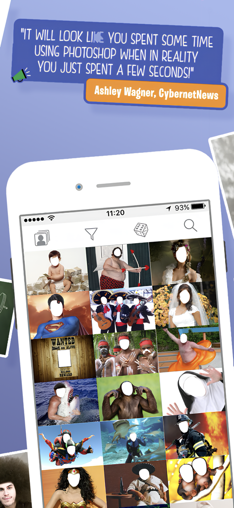 FACEinHOLE® - Smartphone screen showing a library of funny photo scenarios and a positive review from CybernetNews.