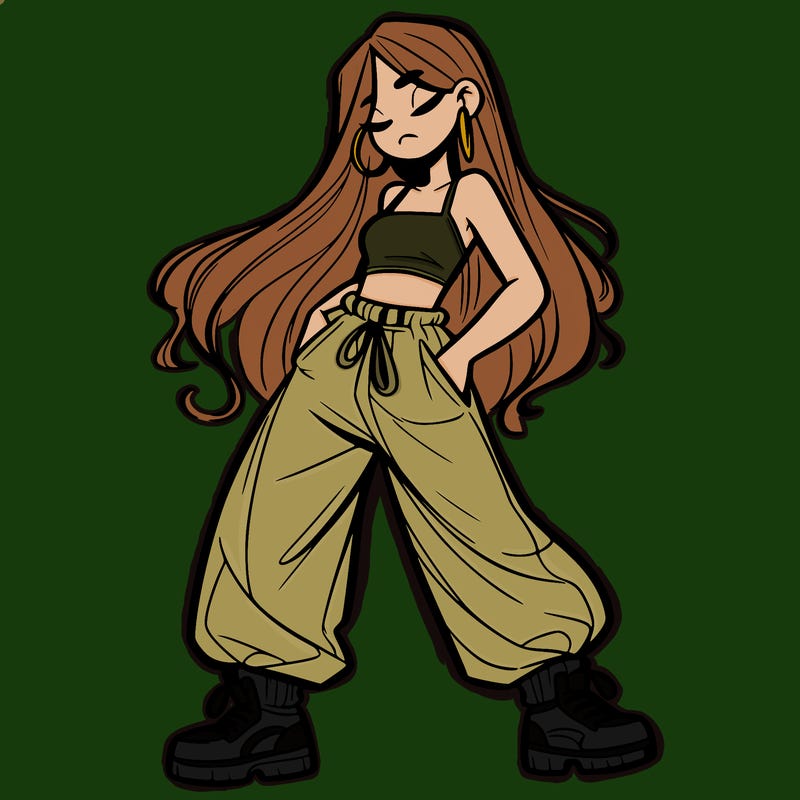 girl in baggy pants crop top and long hair