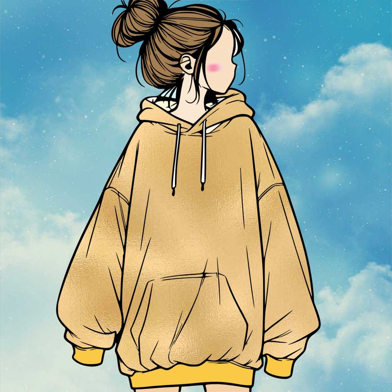 realistic girl with a oversized sweatshirt on and a bun