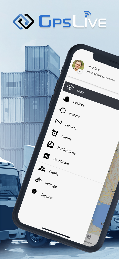 Side menu of the GPSLive app showing tracking features including history and alarms for fleet management